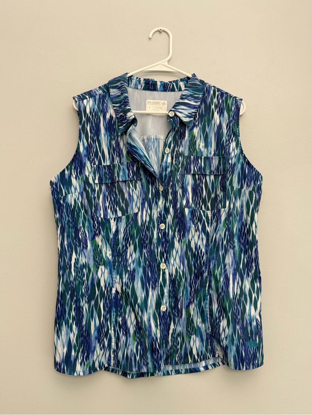 Reel Legends Mariner Blue Multicolor Sleeveless Button-Down Collared Top
